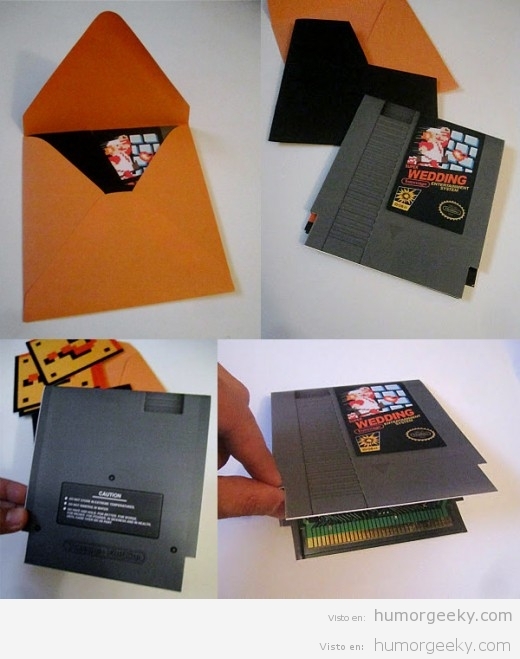 Invitación de boda Geek simulando cartucho de Super Mario Bros NES
