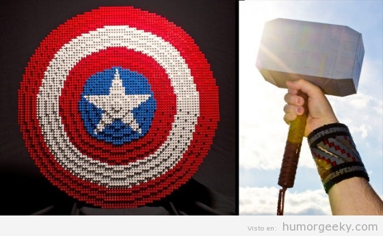 Martillo de Thor y escudo de Capitán América hecho con piezas lego