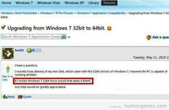 Un usuario pregunta que si instala dos veces windows de 32 bits equivale a 64 bits
