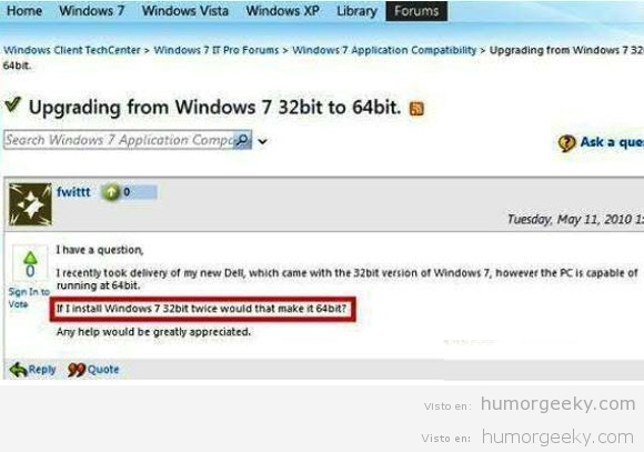 Si instalo Windows 7 de 32 bits dos veces, equivale a 64 bits?