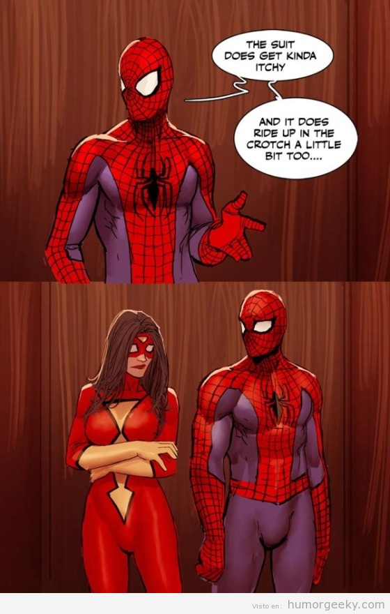 Viñeta graciosa Spiderman y Spiderwoman y su traje