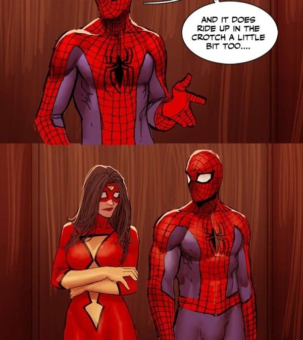Los problemas de Spiderman y Spiderwoman con su traje apretao