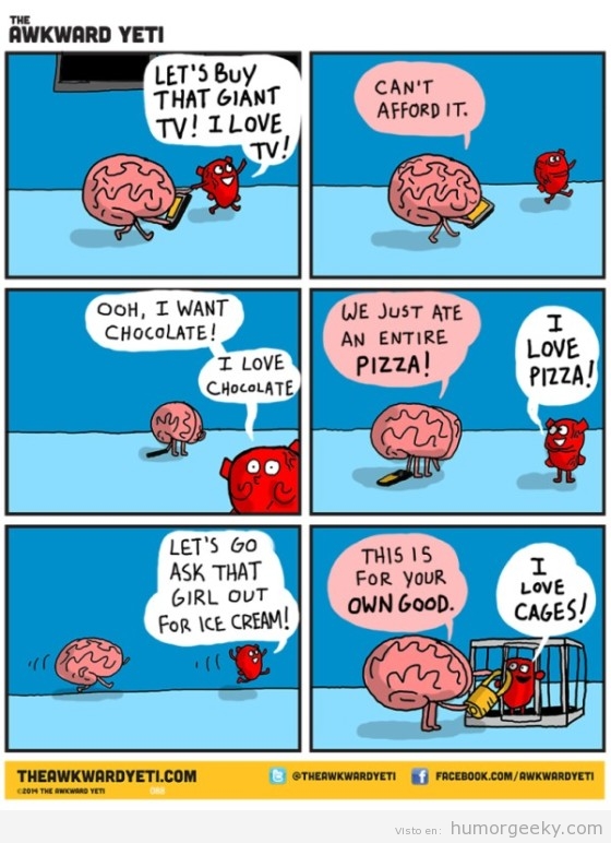 Viñeta graciosa corazón vs cerebro