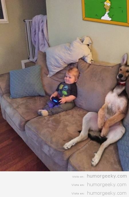 Foto graciosa niño y perro jugando videojuegos en el sofá