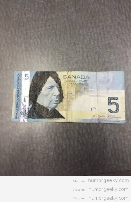 Billete cinco dolares Canadá con dibujo de profesor Snape