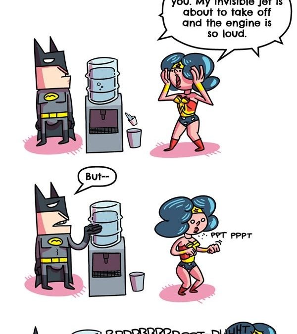 Esto que se encuentran Batman y Wonder Woman en el dispensador de agua…